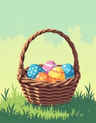 Fototapeta premium Easter Egg Basket with Colorful Painted Eggs, Minimalist Garden Setting, Copyspace for Text
