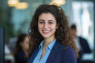 Portrait of a smiling businesswoman exuding confidence and professionalism in a modern office, reflecting ambition and success in a dynamic corporate environment