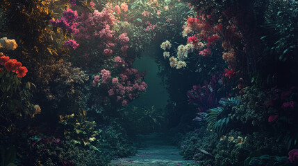 Stunning Fantasy Garden with Vibrant Blooming Flowers Bathed in Golden Sunlight