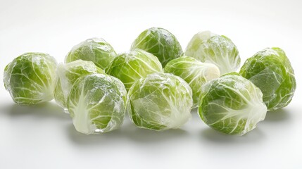 Fototapeta premium Refreshing ice wrapped brussels sprouts for culinary inspiration and organic food art. Brussels Sprouts and Cabbage Month
