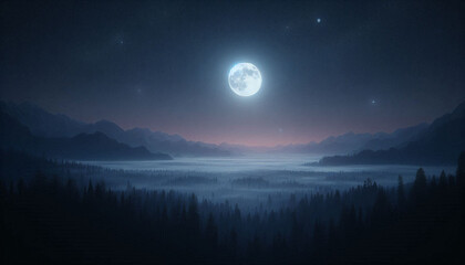 Realistic night sky with a full moon in the distance