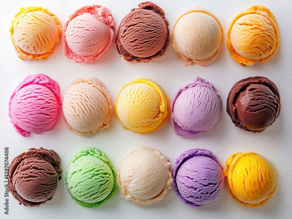 Poster colorful assortment of various ice cream scoops displayed in rows on a white background perfect for 