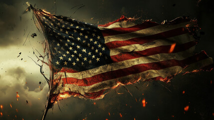 Tattered American Flag Flying in Stormy Winds with Sparks and Debris Around It