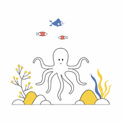 Cute Cartoon Octopus Illustration:  Kids' Underwater Scene, Simple Line Art, Yellow, Blue.