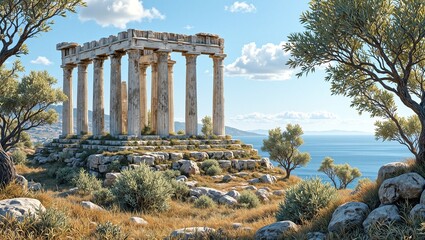 Scenic view of moss covered ancient Greek temple atop hill by ocean with majestic marble columns and olive trees in breeze