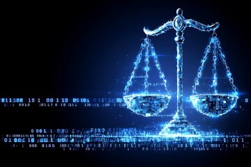Digital representation of the scales of justice on a black backdrop