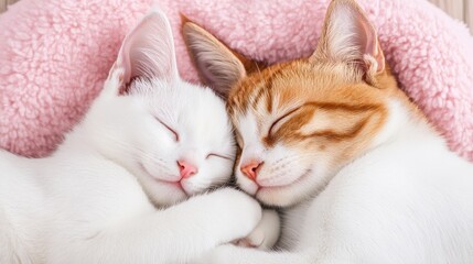 Obraz premium Adorable White and Ginger Kittens Cuddling Together in Cozy Bed