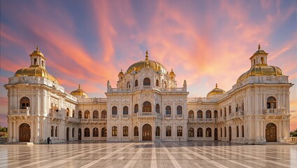 Obraz premium An ornate palace with golden domes silhouetted against a colorful sunset illuminating detailed carvings and long shadows on the courtyard