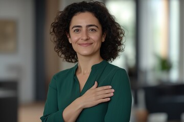 Proud businesswoman taking an oath with her hand on her heart, embodying honesty and integrity while standing confidently in a modern office setting, radiating professionalism and commitment
