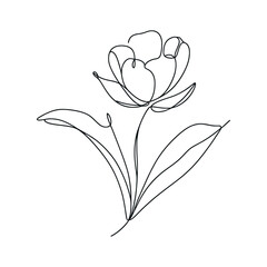 Tulip one line drawing.Abstract flower continuous line. Minimalist contour drawing of tulip. Continuous line drawing of flower tulip.Hand drawn sketch of flower with leaves