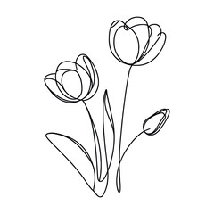 Tulip one line drawing.Abstract flower continuous line. Minimalist contour drawing of tulip. Continuous line drawing of flower tulip.Hand drawn sketch of flower with leaves