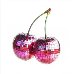 two cherries isolated on white bacground resembling disco ball