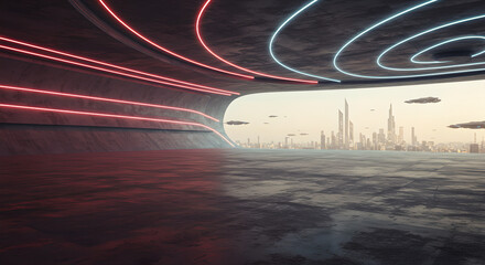 Futuristic tunnel with red and blue neon lights leading to modern cityscape. Sci-fi underground passage with glowing lines and distant skyscrapers. Urban technology concept with copy space