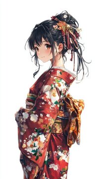 Japanese Beauty in Kimono: A captivating portrait of a beautiful woman adorned in a vibrant red kimono with floral patterns, embodying grace and traditional Japanese elegance.