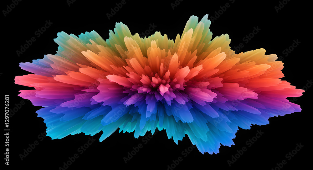 Poster vibrant rainbow colored explosion burst on black background. abstract digital art with multicolor sp