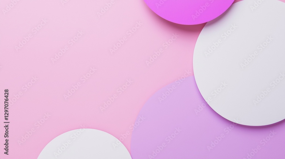 Poster minimalist composition featuring overlapping circles in shades of purple and white, creating an abst