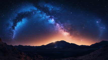 Majestic Milky Way Arch over Dramatic Mountain Landscape at Sunset