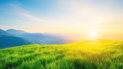 Naklejka premium Golden Horizon: Lush green field with gentle rolling hills bathed in warm sunlight under a blue sky. 