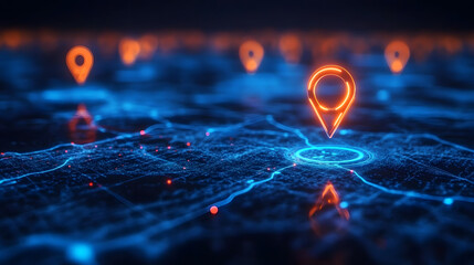 Digital map with glowing location pins, futuristic technology, network connections