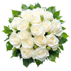 Obraz premium Bouquet of Pure White Roses: A stunning top-down view of a pristine bouquet composed of pure white roses with lush green leaves, symbolizing purity, love, and new beginnings.