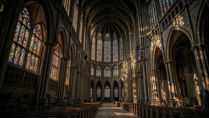 Step into divine mystery at a grand Gothic cathedral Towering spires colorful stained glass and shadows dancing on stone floors await