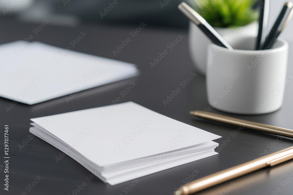 Poster creative workspace with notepads and pens arranged on a desk for planning tasks