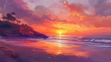 Naklejka premium A Beautiful Sunset Over the Ocean with Reflective Water