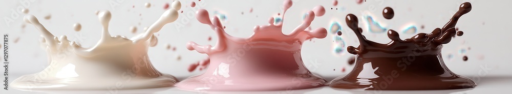 Poster colorful splashes of white, pink, and dark liquid creating dynamic patterns on a smooth surface agai