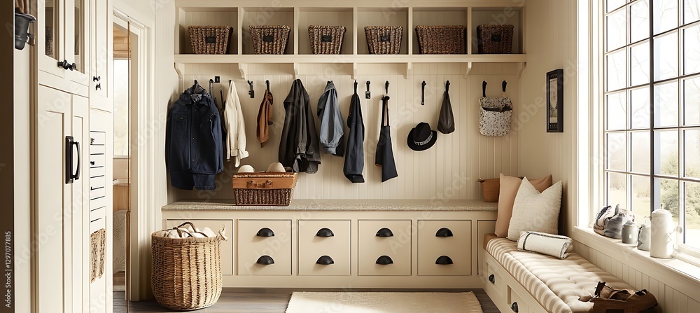 Poster a stylish and functional mudroom with organized storage, a bench, and a practical layout