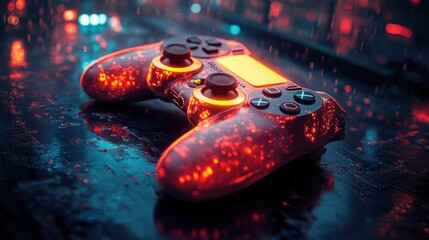 Glowing Red Game Controller on Futuristic Cyberpunk Surface