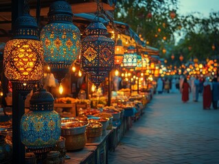 Obraz premium A Vibrant Ramadan Bazaar: Lanterns Aglow Illuminate the Night, a Festive Celebration of Muslim Traditions and Community Gathering under a Canopy of Sparkling Lights