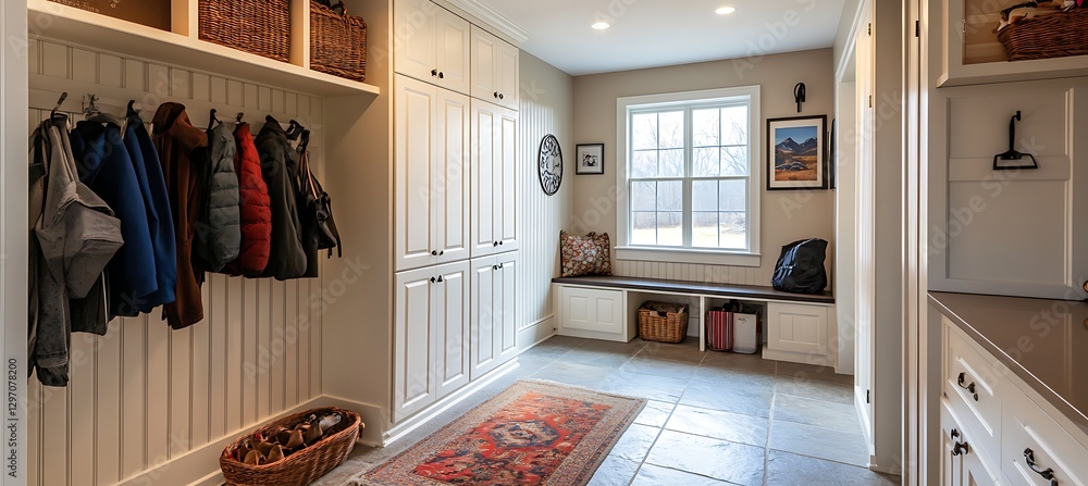 Poster a stylish and functional mudroom with built-in storage, organized layout, and practical design