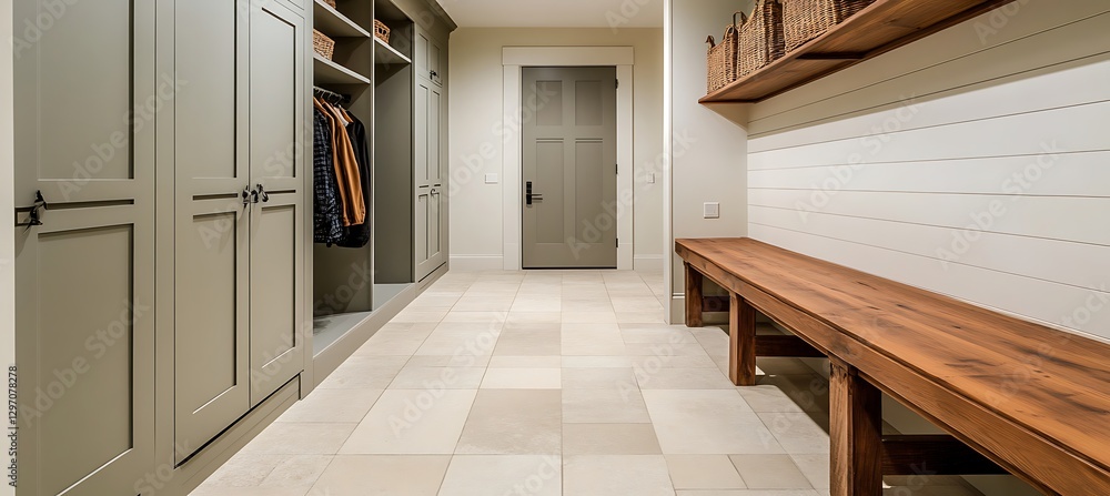Poster a stylish and functional mudroom with built-in storage, organized layout, and practical design