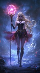 Obraz premium Enchantress of the Cosmos: An alluring sorceress, radiant in a starlit scene, wields a mystical staff crowned with celestial energy.