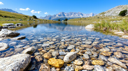 Fototapeta premium Mountain lake reflection, clear water, rocks, summer (1)