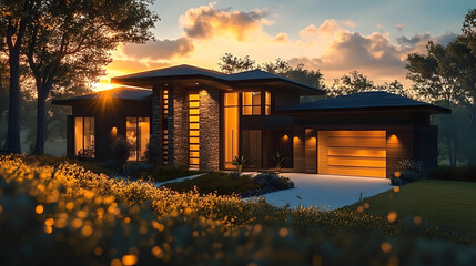 Elegant modern home design with warm golden yellow lighting at dusk
