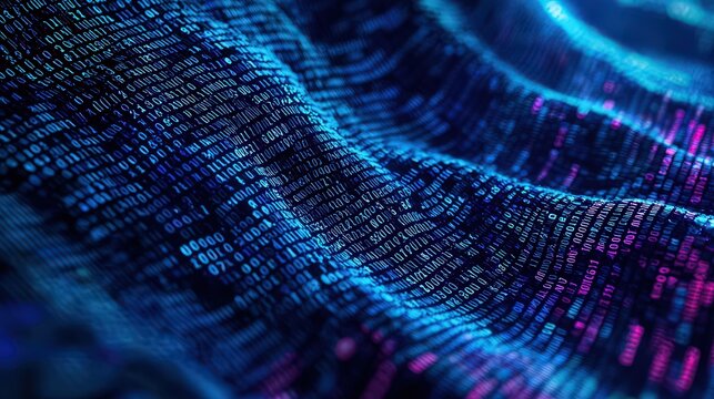 Abstract waves of binary code flowing, representing data streams and digital transformation. Ideal for tech, cybersecurity, and data analysis concepts.