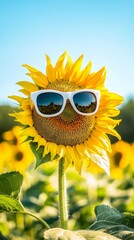 Sunflower with white sunglasses in a field of sunflowers enjoying the summer sun under a clear blue sky, creating a cheerful and vibrant scene