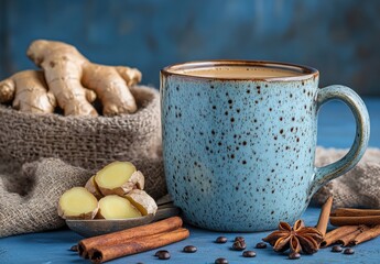 Cozy rustic scene with ginger tea in a blue mug surrounded by fresh ginger root, cinnamon sticks, and coffee beans on a textured surface