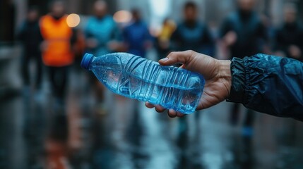A hand holding a clear water bottle, with blurred runners in the background, emphasizing hydration during a race.