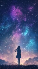 Fototapeta premium Night Sky Dreams: A silhouette of a solitary figure gazes up at a vibrant, star-filled night sky, an illustration capturing the wonder and vastness of the cosmos, inviting contemplation.