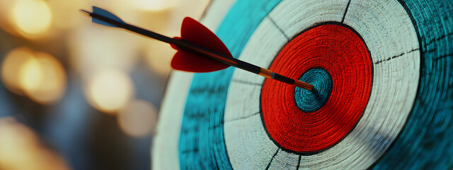 A colorful arrow hitting the center of an archery target

