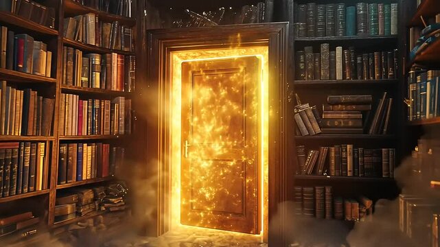 A mystical library with a glowing door, surrounded by towering bookshelves and swirling smoke