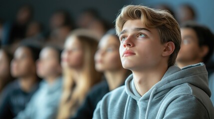 Fototapeta premium A young man in a gray hoodie, focused and attentive, surrounded by a diverse group of students in a classroom setting.