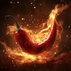 Bright Red Chili Sauce Burst with Flames, Smoke, and Intensity