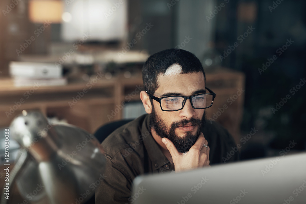 Fototapete overtime, man or graphic designer reading on computer in startup for online layout update or creativ