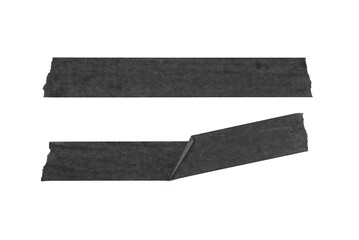 Two torn strips of black tape, with one partially peeling off, set against a dark background. A high-detail, grunge-inspired texture suitable for design elements.

