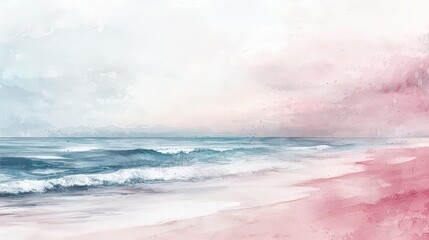 Fototapeta premium Watercolor beach scene with pink sand and blue ocean waves, evoking serenity and calm. Perfect for promoting mindfulness, coastal decor, and spa retreats.