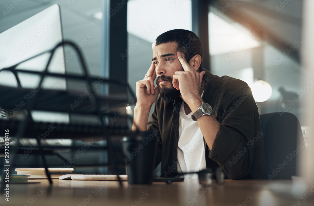 Aufkleber Computer engineer, design and headache with man in office for website coding or programming deadline. Burnout, fatigue and problem solving with programmer employee in creative workplace for overtime