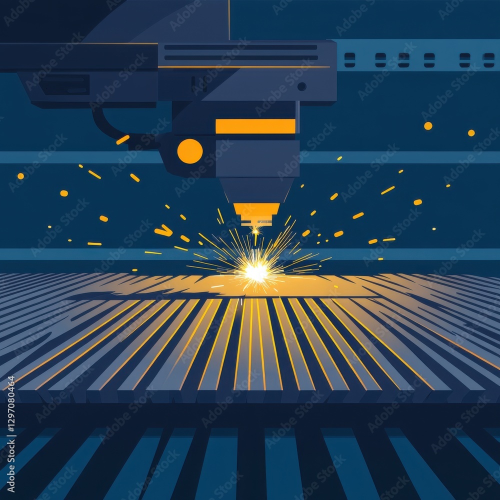 Poster close-up of a laser cutting machine in action, illuminating a workshop with sparks and precision tec